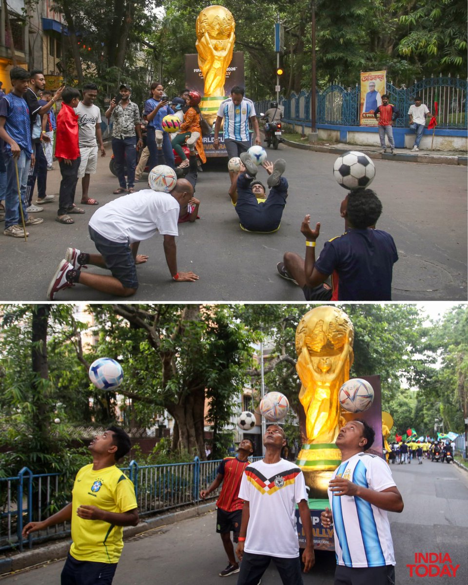 IndiaToday's tweet photo. Football lovers take part in a carnival rally during the celebrations of FIFA World Cup, in Kolkata on Sunday.
#FIFAWorldCup #Kolkata #Football #WorldCup #FootballFans #ITPhotoblog https://t.co/PsUZXWlcoe
