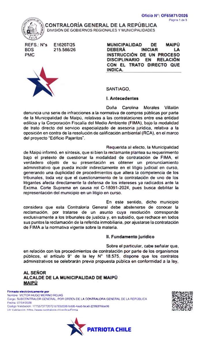 Soubirous_33's tweet photo. 🔴 URGENTE | Patriotas, este es el documento de Contraloría, donde se inicia un proceso disciplinario en contra de Vodanovic, por infracción en la normativa de compra. Eligió a DEDO a la empresa de un Amigo llamada FIMA; Vodanovic debe ser Investigado, esto es MUY GRAVE. RT https://t.co/pfMFIZnHrY