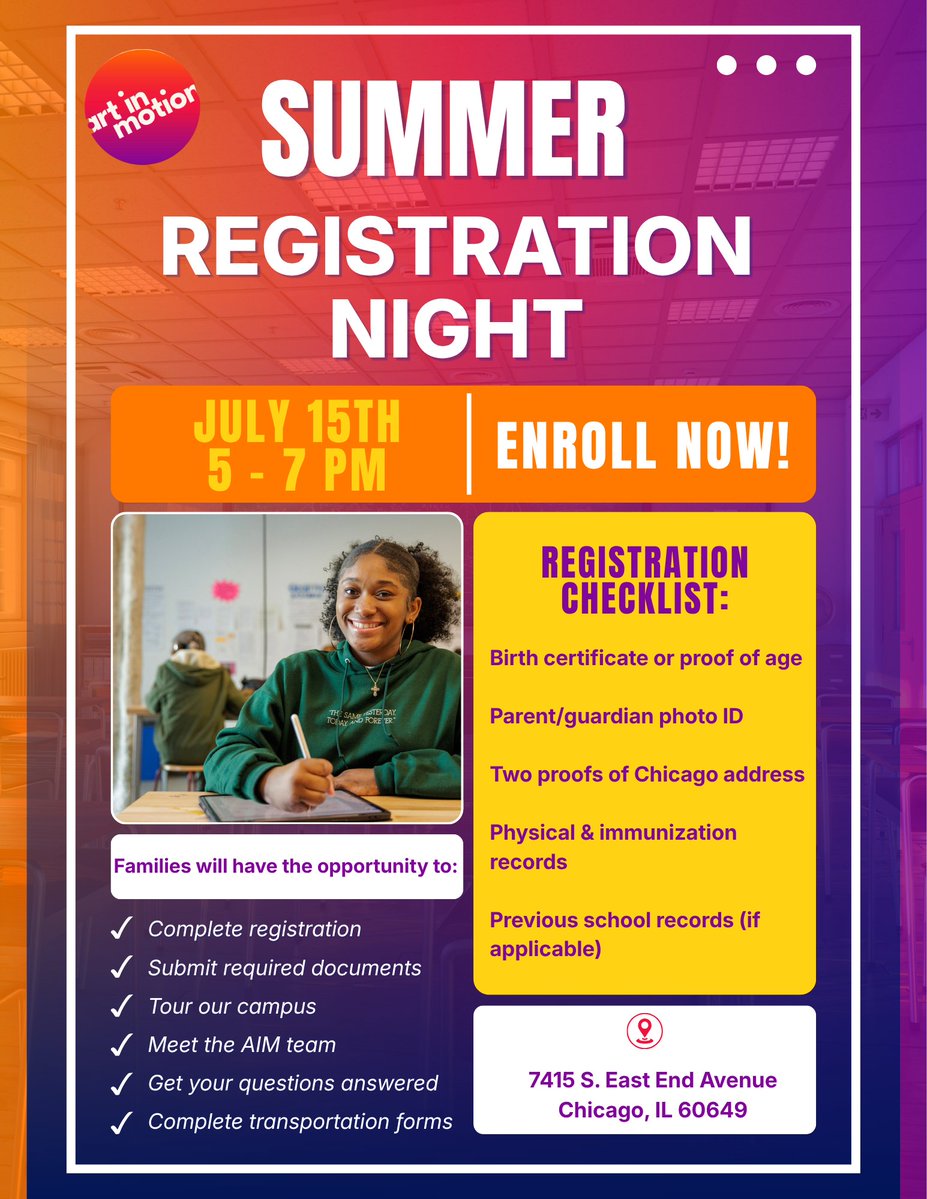 ArtInMotionChi's tweet photo. π¨ New to AIM this fall? Join us for Summer Registration Night!
π
July 15
π 5β7 PM
π7415 S. East End Ave.
Complete enrollment, meet our team, and explore campus. We can't wait to welcome you!
https://t.co/iYDHT2Bd1B
#ArtInMotion #BackToSchool https://t.co/mB3OxLBGGR