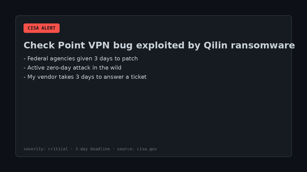modernmindai's tweet photo. CybersecurityCISA gave agencies 3 days to patch the Check Point VPN bug Qilin ransomware is already exploiting. My vendor takes 3 days to answer a support ticket. Priorities. #CyberSecurity #InfoSec #ThreatIntel https://t.co/be9NZHRzgp