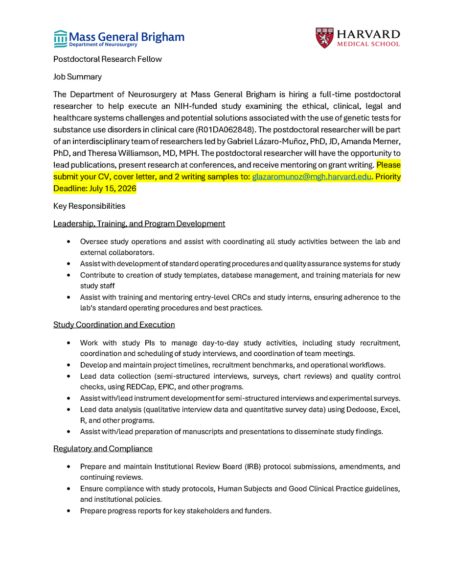 GLMhealthtech's tweet photo. We are hiring a postdoctoral fellow to work on an NIH-NIDA funded study on the implementation of substance use disorder genetic testing tools in clinical care (R01DA062848 PIs: GLM, Amanda Merner @armerner_psych, Theresa Williamson @Twilli7). Please see job description below. Priority Deadline: July 15, 2026.