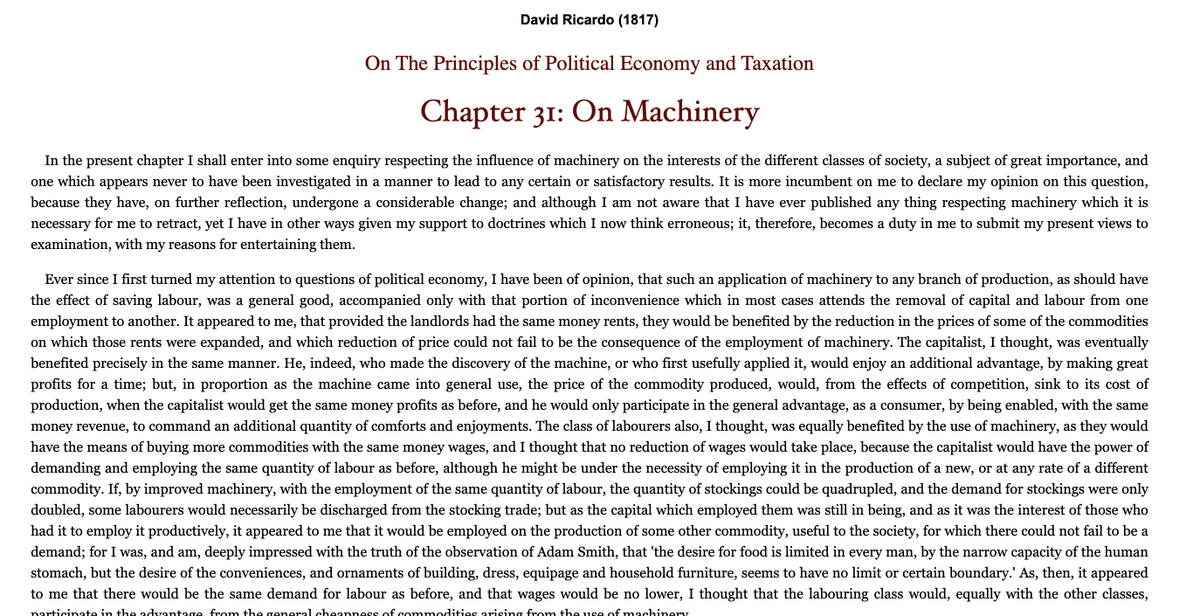 alexolegimas's tweet photo. New rule: Anyone who is about to write a "all workers will be replaced by machines" essay needs to first read On Machinery by David Ricardo (yes, that David Ricardo), because he probably wrote your essay...in 1817. https://t.co/MWlt9Kim7x