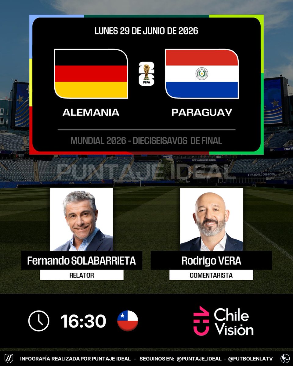 Puntaje_Ideal's tweet photo. ⚽️ #Mundial2026 | 🇩🇪 #Alemania vs. #Paraguay 🇵🇾
🎙️ Relator: Fernando Solabarrieta
🎙️ Comentarista: @RodrigoVeraH 
📺 @chilevision 🇨🇱
💻📱 #MiCHV 🇨🇱
🤳 #Mundial2026xCHV - #CHVDeportes
Dale RT 🔃 https://t.co/WuOaREzTf4