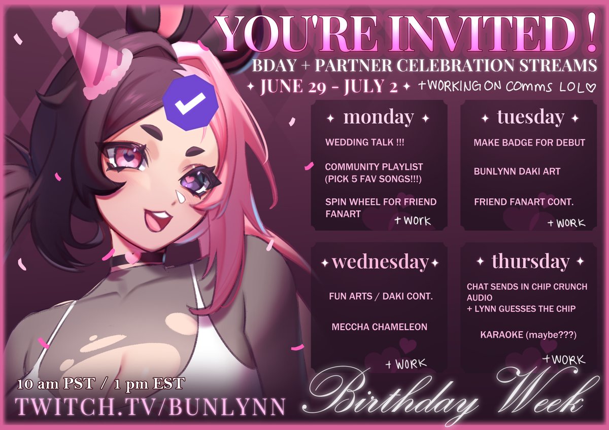 bunlynnVT's tweet photo. 💗BDAY WEEK ANNOUNCEMENT!!!💗

TMRW BEGINS MY BDAY + PARTNER CELEBRATION!! (plus comeback lol)

i still have to work but i wanted to mix in some fun stuff too :3 i hope you can make it!!

🗓️ MON JUNE 29 - THURS JULY 2
🕓 10 AM PST/1PM EST/6PM BST 
💗 https://t.co/E8wow33kLD https://t.co/SK6Oh6FyQg