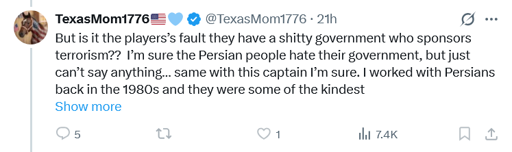 AudstaTerra's tweet photo. @TexasMom1776 @Prudentissimus2 @DefiantLs Funny how you went from how it was so unfair to THIS  player to how he made some threats(He did not, that's totally made up) and NOW it's "I'm talking about the people who live in this terrorist country." 

Really? So not talking about THIS player? https://t.co/YNkxcNFOig