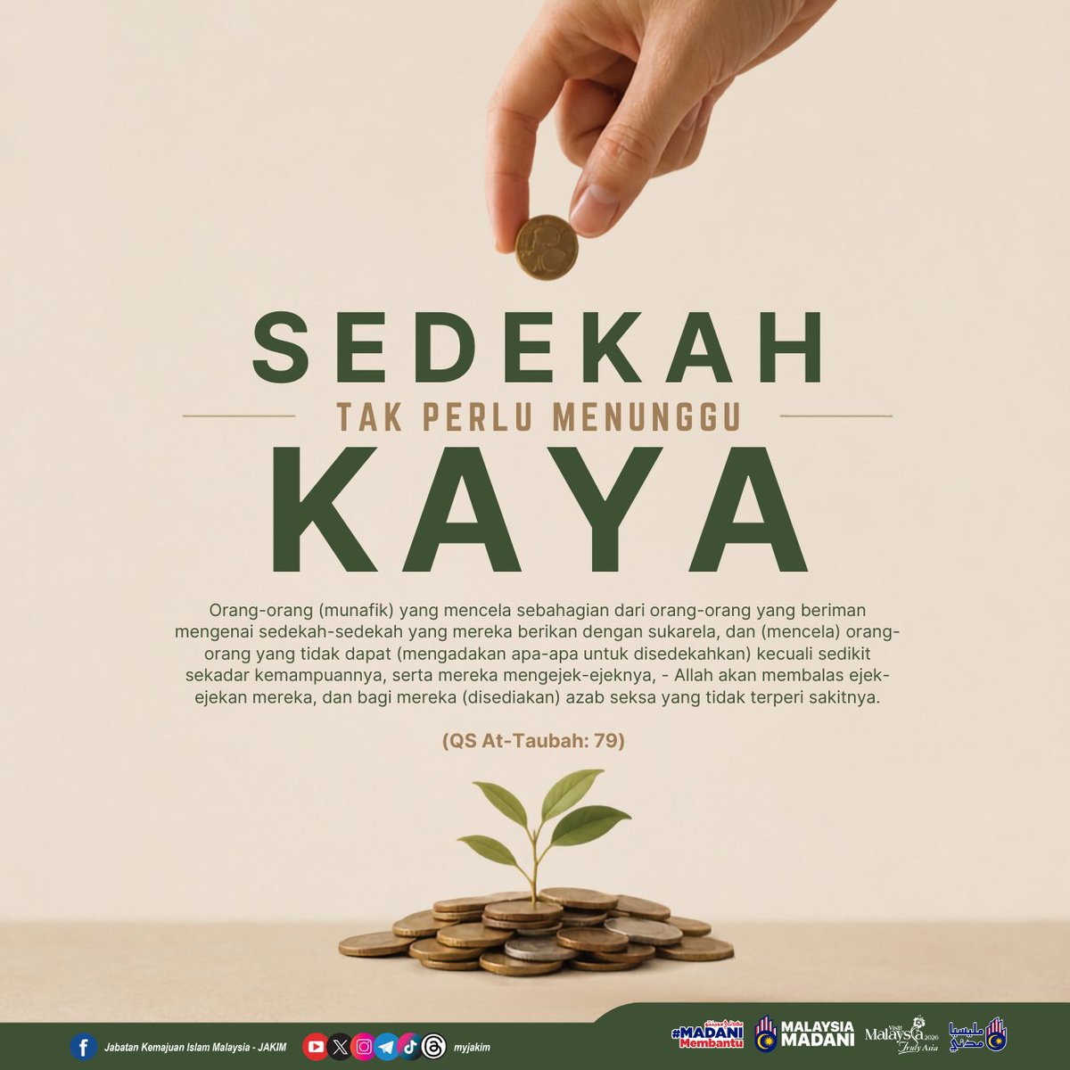MyJAKIM's tweet photo. Setiap amalan sedekah, walaupun kecil nilainya, merupakan manifestasi keikhlasan, kesyukuran dan kepedulian terhadap golongan yang memerlukan. Jangan menangguhkan peluang berbuat kebajikan kerana setiap pemberian yang ikhlas mempunyai nilai yang besar di sisi Allah SWT. https://t.co/bSuclba0vj