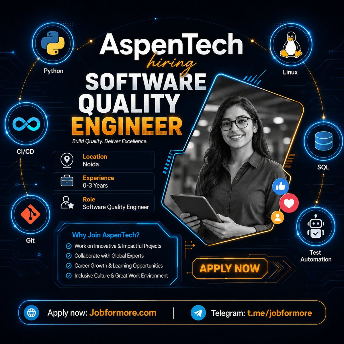 jobformore's tweet photo. 🚀 Software Quality Engineer @ AspenTech
📍 Noida | 0–3 Years
🎓 Computer Science / Software Engineering / Electrical Engineering
💻 Python, Linux, CI/CD, SQL, Git, test automation

#Jobformore #AspenTech #QualityEngineer #Hiring #TechJobs

Apply: https://t.co/Oq9zdDFjGW https://t.co/hVYtu16yO8