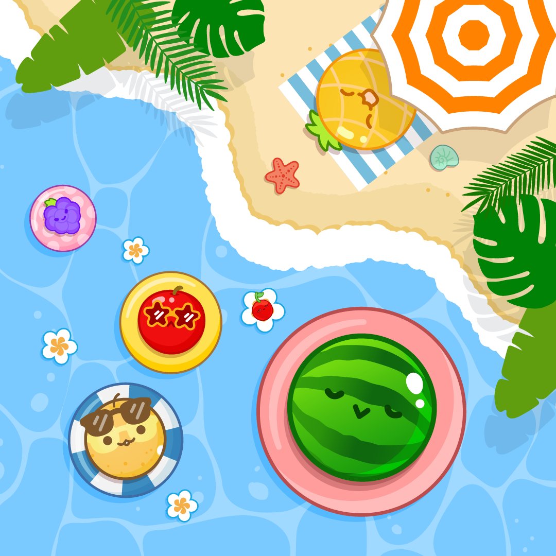 SuikaGame_jp's tweet photo. バケーション中のフルーツたち🏝

日焼け対策はバッチリだよね...？

#海の日 https://t.co/tL0atYqEP2