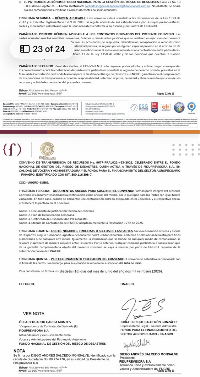santiagoangelp's tweet photo. Aquí los otros convenios que debían ser firmados por el vicepresidente de contratación derivada de la Fiduprevisora. Ninguno lo firmó. En su carta de renuncia, que tengo en mi poder, aseguró que lo presionaron indebidamente para firmar contratos de muy alta cuantía sin rigor. https://t.co/xeAF7ThjLz