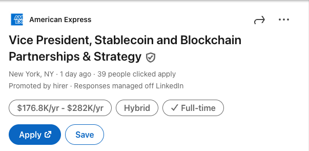Cointelegraph's tweet photo. 🔥 NEW: American Express is hiring a VP of Stablecoin &amp; Blockchain Partnerships to lead its stablecoin strategy and tokenized settlement push. https://t.co/jMZmocp9YP