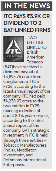 rahulsays1's tweet photo. British American #Tobacco (#BAT)-linked entities receive Rs 3,896 crore #dividend from #ITC in #FY26, down 8%. https://t.co/nDQjlTOD6r