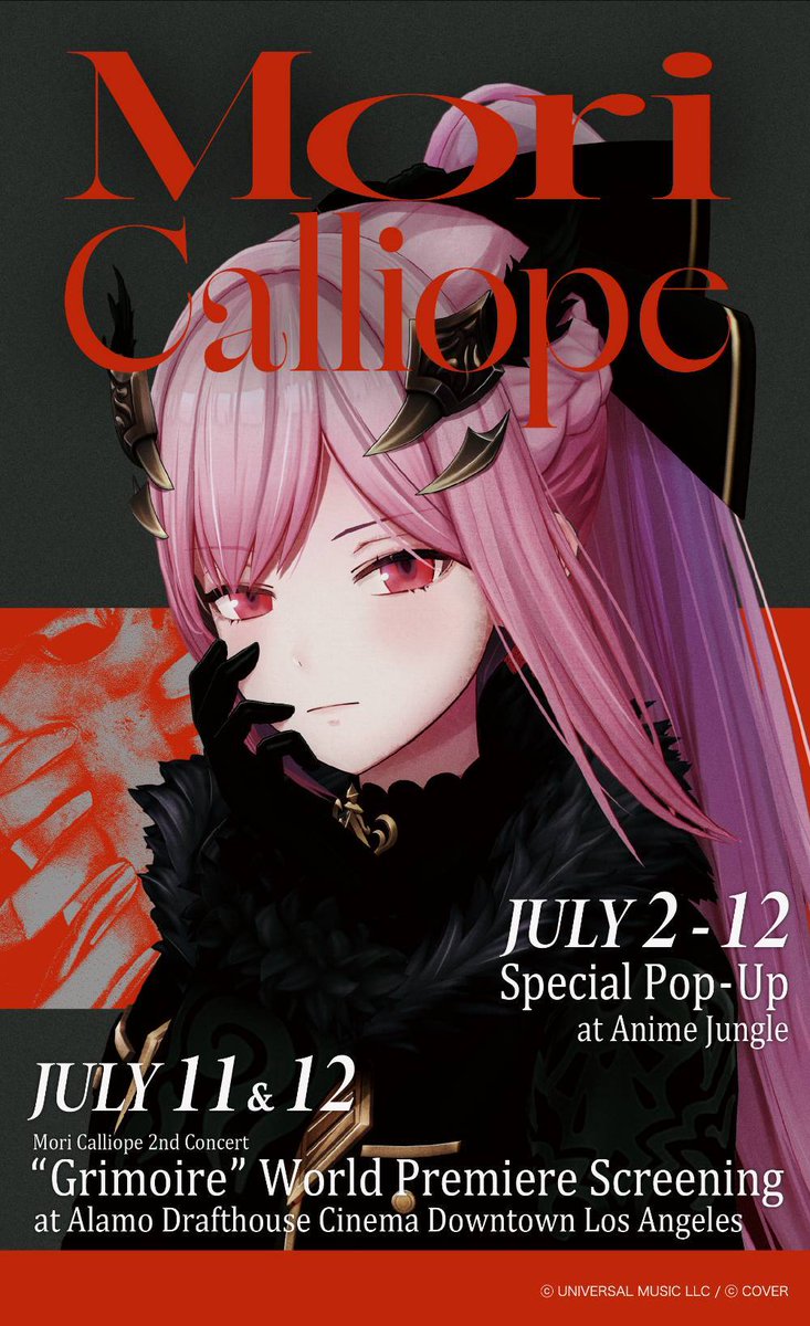 moricalliope's tweet photo. ❀ BIG NEWS ❀

✮ July 2-12 ✮
Special Pop-Up at Anime Jungle!  

✮ July 11 &amp; 12 ✮
Mori Calliope 2nd Concert “Grimoire” 
World Premiere Screening at Alamo Drafthouse Cinema Downtown Los Angeles  

✶Info:  https://t.co/2RyKNuFKJU

✶Tickets: https://t.co/0g4GtPibcG https://t.co/TeJcT3kPyb