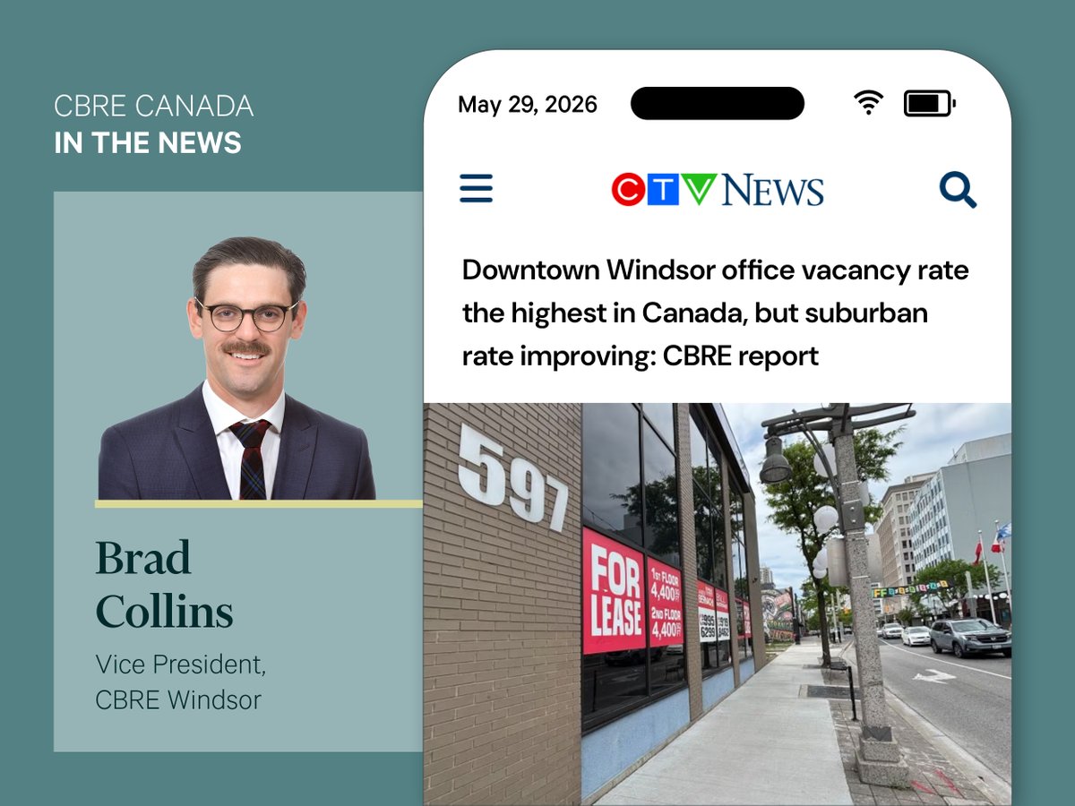 cbreCanada's tweet photo. "Our suburbs have positive momentum," Brad Collins tells CTV News. While downtown Windsor office vacancy remains elevated, the suburban market has had a strong year and is pulling ahead of the national average.

Read what Brad had to say here: https://t.co/5fg4JitpSM https://t.co/XbR09Nx99w