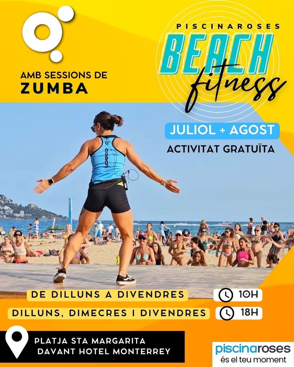 PiscinaRoses's tweet photo. Torna el Beach Fitness a Roses!☀️🌊

Aquest juliol i agost, classes gratuïtes de Zumba® a la platja de Santa Margarida, davant l’Hotel Monterrey

🕙 Dilluns a divendres, 10 h
🕕 Dilluns, dimecres i divendres, 18 h

https://t.co/M3qsMFnDrZ

#PiscinaRoses #BeachFitness https://t.co/F4JFyOnt16