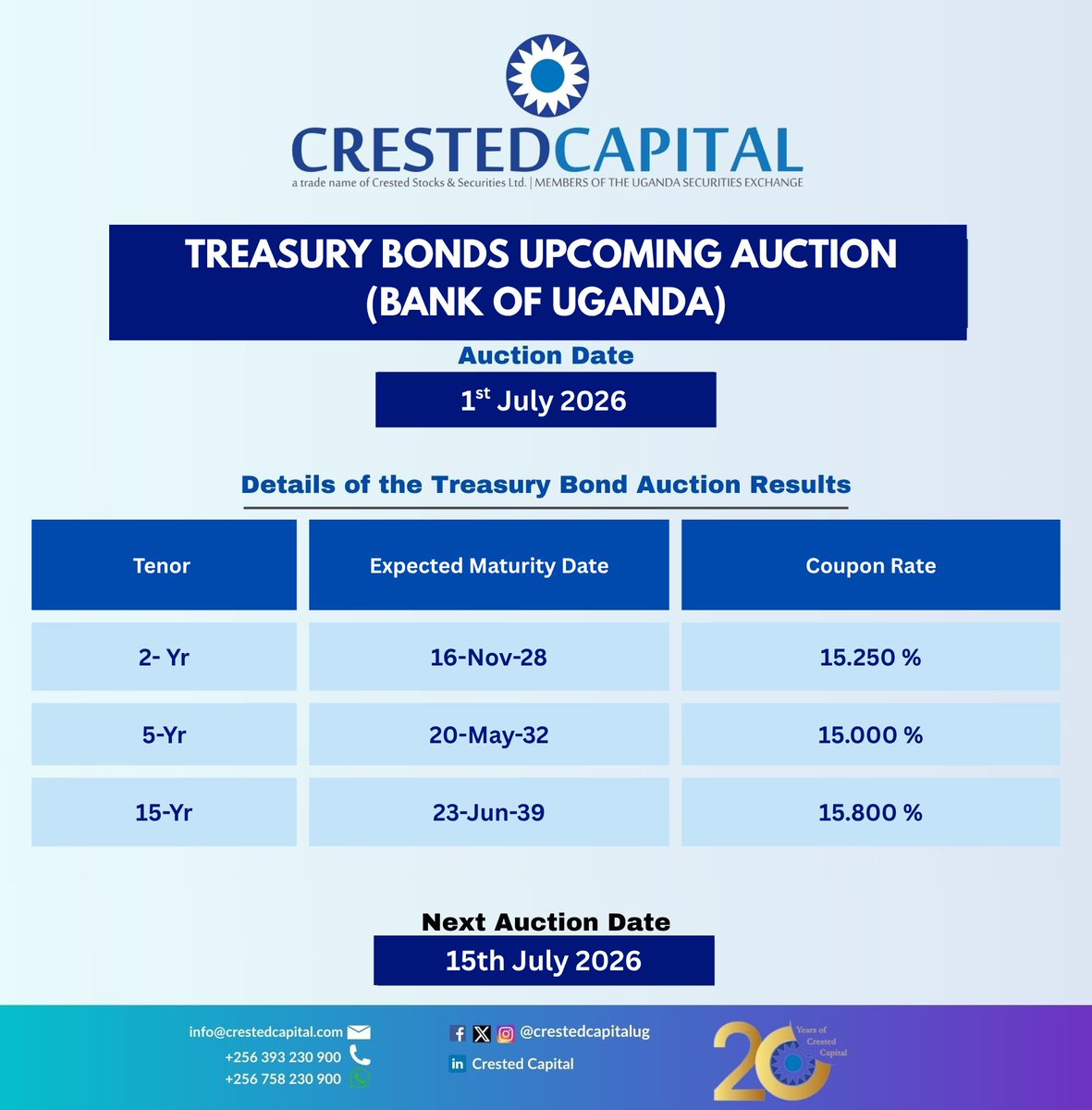 CrestedCapital's tweet photo. Important Announcement 📢  The Bank of Uganda has an upcoming Uganda Government Treasury Bonds auction – , covering the 2-Yr, 5-Yr and 15-Yr, tenors for 1st July 2026. https://t.co/VtZU4MNNt8