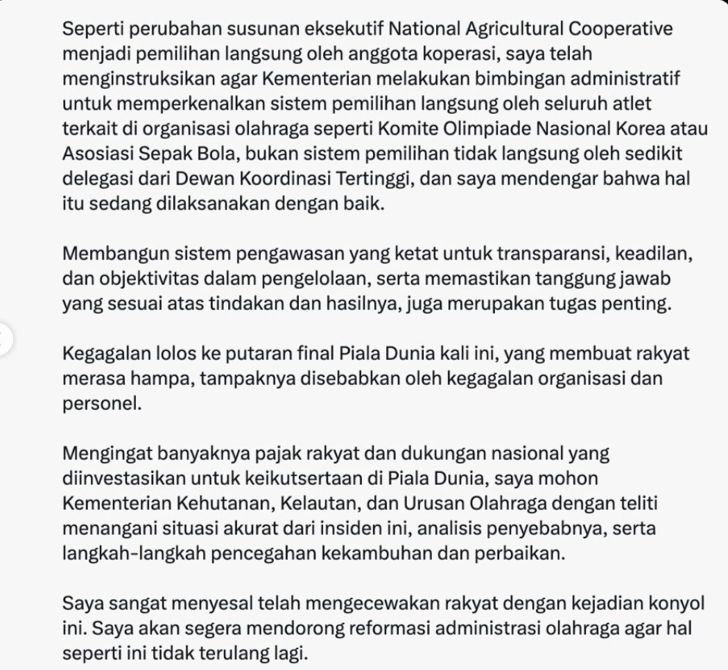 insidefolkative's tweet photo. Presiden Korea Selatan Lee Jae Myung minta maaf usai Timnasnya gugur di Piala Dunia 2026. https://t.co/OpZN4n9Azq
