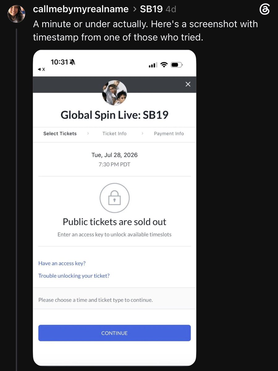 TouringAsiaPop's tweet photo. A earlier comment by an A’TIN made on Threads has provided a screenshot of the SB19 appearance at GRAMMY Museum’s Global Spin Live was actually sold out in under 1 minute without an official announcement from the organizer.

This confirms them to be THE fastest selling P-Pop male band and tied for the fastest OPM band in Grammy museum event history.

@SB19Official 

#PPOP #SB19