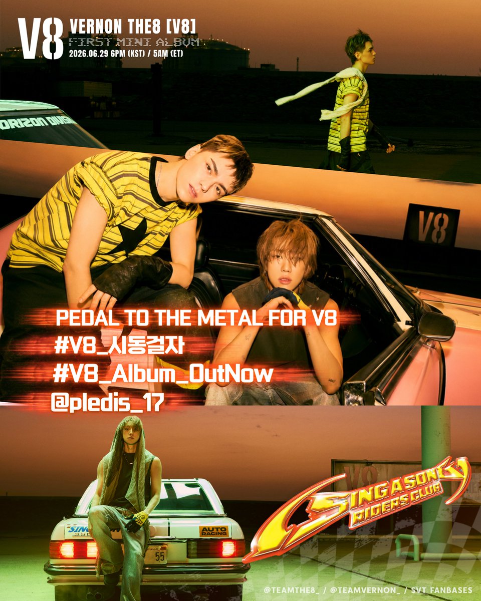 TeamThe8_'s tweet photo. [V8 1ST MINI ALBUM]

The engine is warmed up.
The countdown is on.
The road starts here.

In one hour, it's time to go pedal to the metal for V8. Stream, support, &amp; let's make this debut epic!

LET'S GO, V8! 🏎️🔥

PEDAL TO THE METAL FOR V8
#V8_시동걸자
#V8_Album_OutNow
@pledis_17 https://t.co/j0npu5Ira9