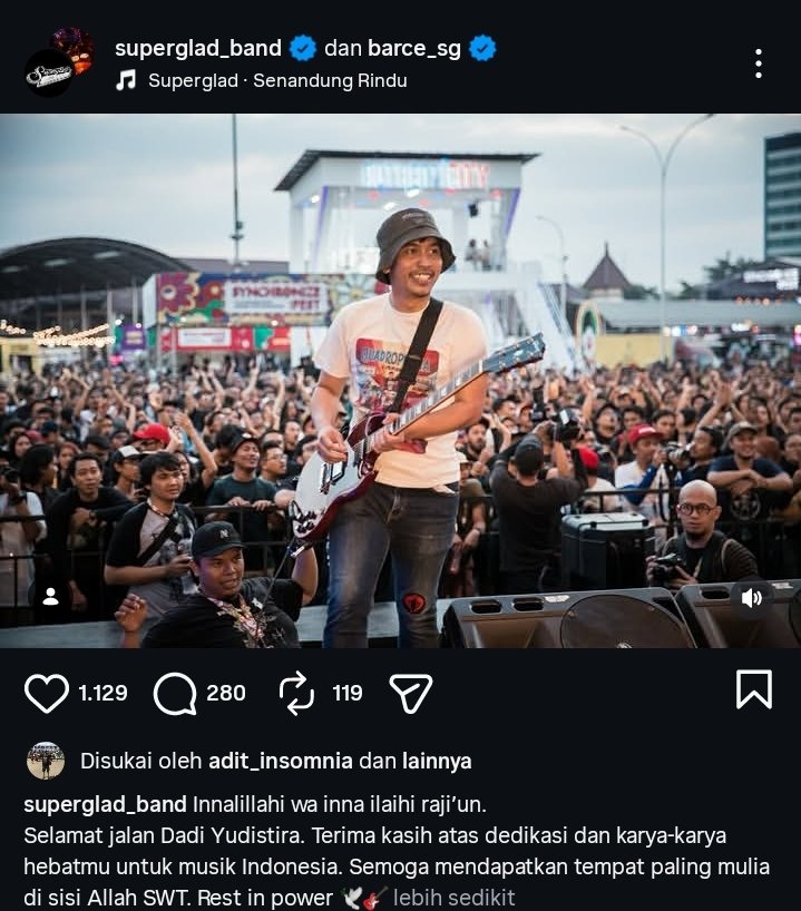 kolonigigs_'s tweet photo. 🚨BREAKING: Inalillahi wa inna ilaihi raji'un. Eks personel Superglad, Dadi Yudistira meninggal dunia.  🥀🥀

Hal ini dikonfirmasi langsung oleh band. 🥹 https://t.co/ztQ3GtQ9Qn