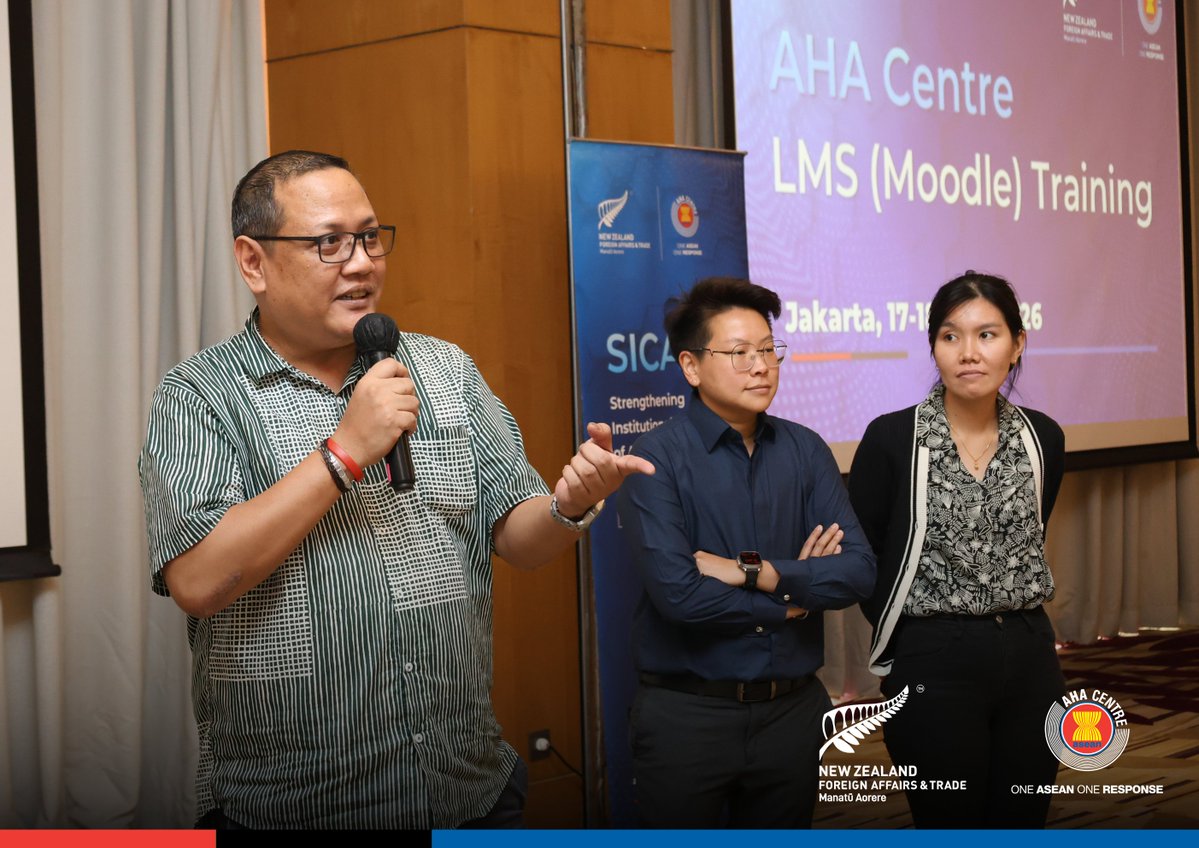 AHACentre's tweet photo. From 17–18 June 2026 in Jakarta, 31 AHA Centre staff strengthened their ability to design and deliver competency-based disaster management training through the Internal Learning Management System (Moodle) Training.

By applying adult learning principles and leveraging digital tools, participants developed draft and ready-to-use online learning modules, contributing to more structured, accessible, and impactful capacity-building programmes across the organisation.

This initiative supports the development of competency-based learning pathways and enhances the use of the AHA Centre’s LMS for effective programme delivery.

This training is made possible with the support of the New Zealand Ministry of Foreign Affairs and Trade (MFAT) through the SICAP II Project.
@NZinASEAN