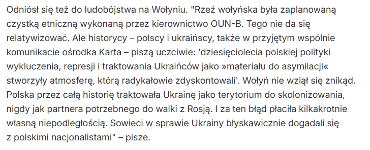 lkwarzecha's tweet photo. Pan Sierakowski o Wołyniu i ludobójstwie pisze, że nie wziął się znikąd. Teraz czekam na jego analogiczny tekst o innym ludobójstwie. A nawet, nie idźmy w esktremy, jedynie o dyskryminacji. 
Mógłby brzmieć na przykład tak: 
"Przedwojenny polski antysemityzm nie wziął się znikąd. Uprzywilejowana pozycja Żydów w elicie finansowej czy gospodarczej, nadreprezentacja wśród studentów, jednocześnie niechęć znacznej części Żydów do asymilacji - to musiało prowadzić do getta ławkowego i represji". 
Powstanie w "Newsweeku" taki tekst, prawda? Przecież pan Sierakowski jest intelektualnie uczciwy, prawda?