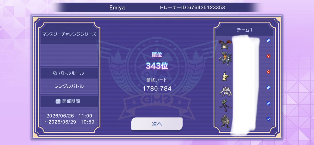 Okitasan_cb's tweet photo. マンスリーチャレンジ3桁達成！

目標にしてた3桁達成できて嬉しいけど、2日目まで2桁でブイブイ言ってたからもう少し高い順位狙えたんじゃないかと悔しい気持ちもあります！次は2桁目標で精進します！

#ポケモンチャンピオンズ
#マンスリーチャレンジ https://t.co/rFUT5OSzw1