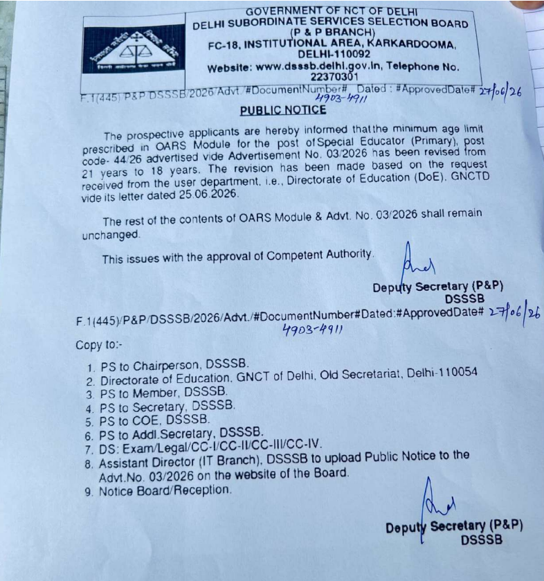 dsssbofficial's tweet photo. Public Notice regarding minimum age limit prescribed for post code 44/26 special educator Advt. No. 03/2026 https://t.co/PwgJ19s31o