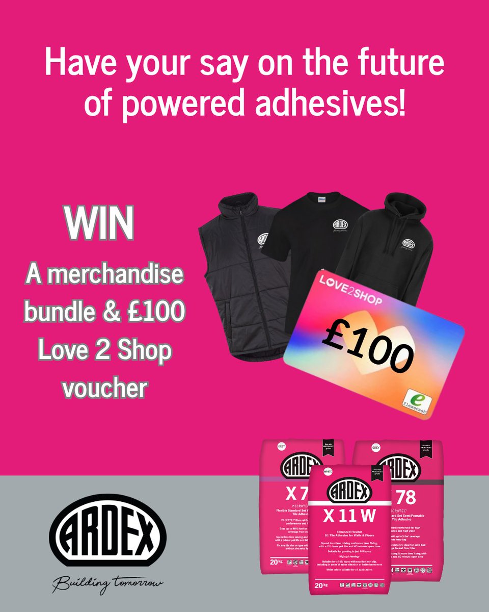 ARDEXUKTiling's tweet photo. Got 5 minutes? ⏱️

Tell us what you need from a tile adhesive and help shape adhesive products of the future.

All quick tick-box answers ✔️

👉 Have your say: https://t.co/mu9HIoGQsl

Plus – you could win:
£100 Love2Shop voucher + ARDEX gear 🎁 https://t.co/3uqw6Y8IfI