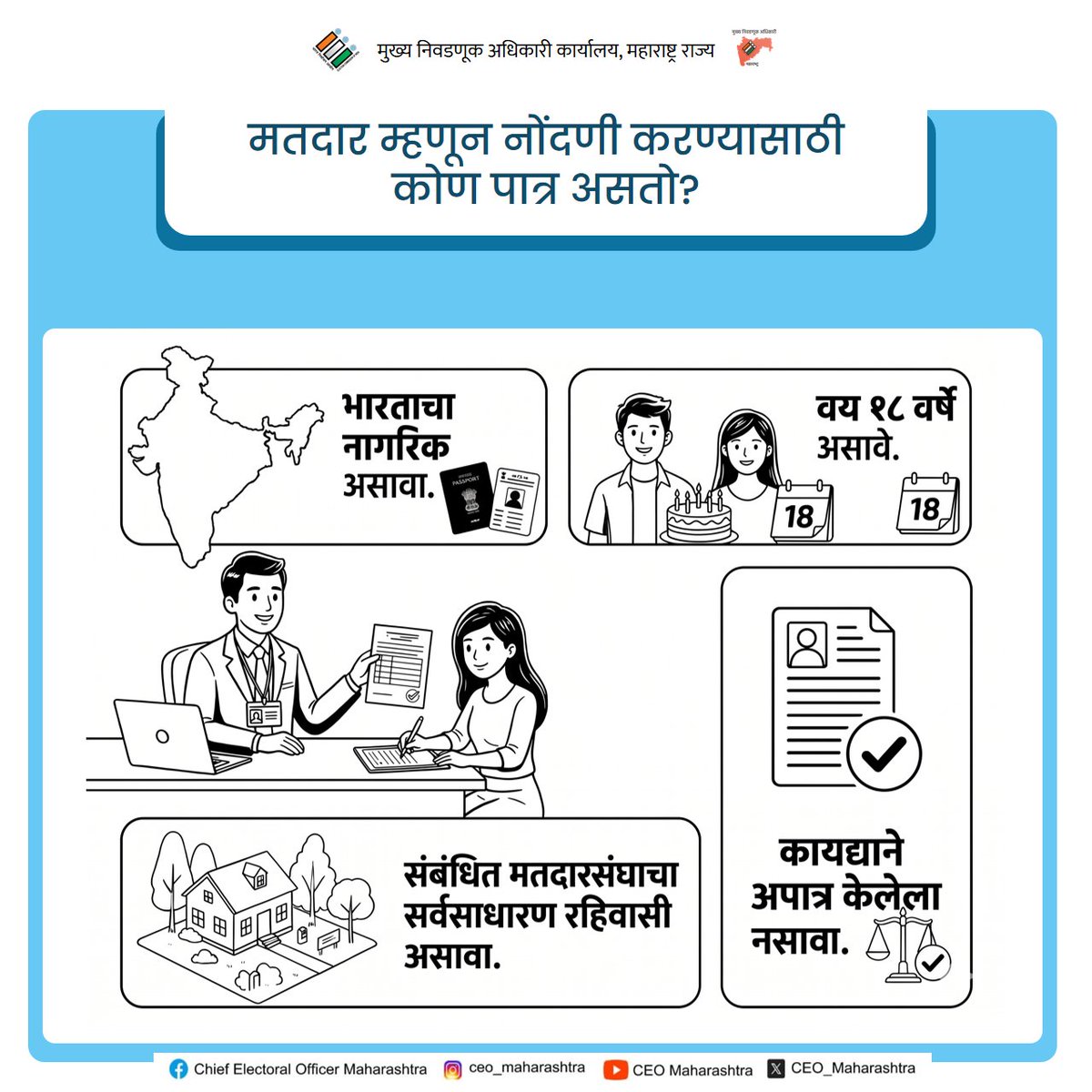 MahaDGIPR's tweet photo. मतदार म्हणून नोंदणी करण्यासाठी कोण पात्र असतो?
#SIR2026
#ElectoralRoll
#SIR https://t.co/IFImsEnSdL