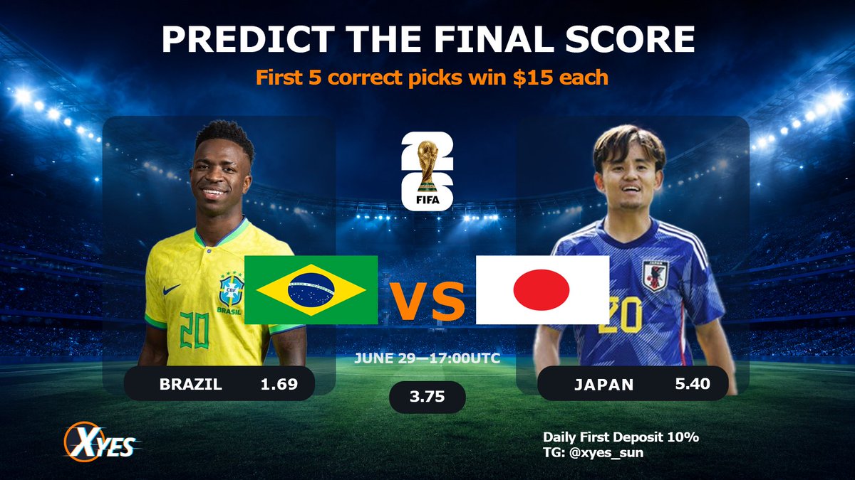 Xyes_com's tweet photo. Brazil vs Japan feels like one of those matchups where the scoreline could tell the whole story.

Big stage, tight margins, one prediction to make.

Drop your exact final score + XYes user ID before kickoff.

First 5 correct picks win $15 each. https://t.co/rR1DBIKeY8