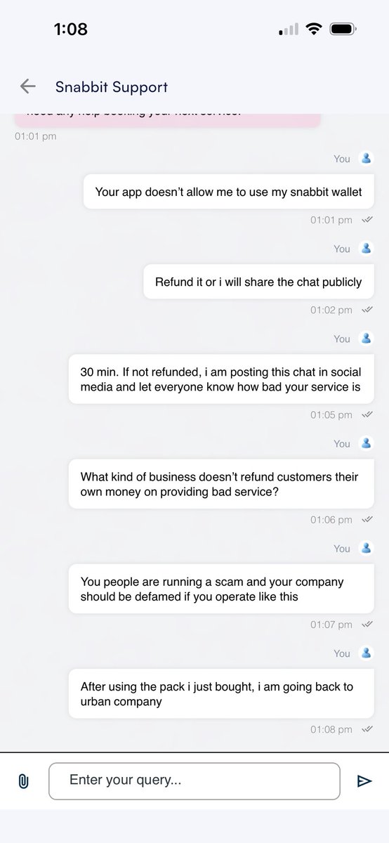 anmolDevAd's tweet photo. @just_snabbit i added balance in my snabbit wallet, which you don’t allow as payment option in your app. And then refusing me to refund it. And your shitty AI bot. Switching to @urbancompany_UC after this. https://t.co/HxncN3ljV0