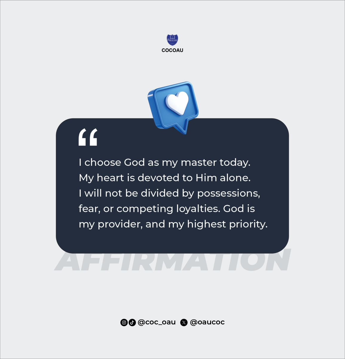 oaucoc's tweet photo. I,(your name), choose God as my Master today. My heart is devoted to Him alone. I will not be divided by possessions, fear, or competing loyalties. God is my provider and my highest priority. https://t.co/bPylOFnVIr