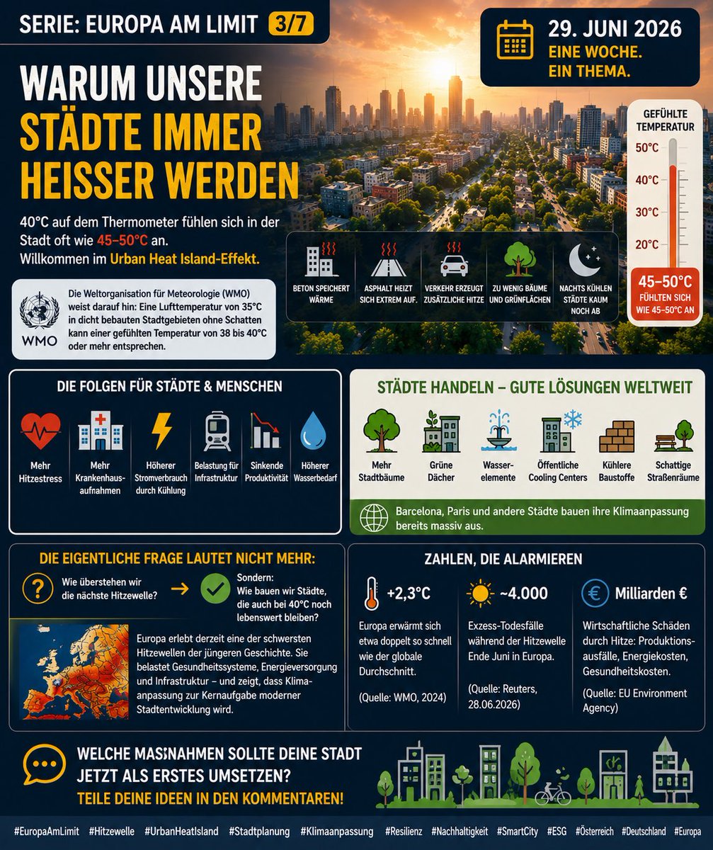 FWischenbart's tweet photo. 🏙️ SERIE: EUROPA AM LIMIT (3/7)

🌡️ Warum unsere Städte immer heißer werden

Warum?

#EuropaAmLimit #Folge3 #Hitzewelle #UrbanHeatIsland #SmartCity #Stadtplanung #Klimaanpassung #ClimateAdaptation #Nachhaltigkeit #ESG #Resilienz #Österreich #Deutschland #Europa #FutureCities https://t.co/YXL7yvppJ5