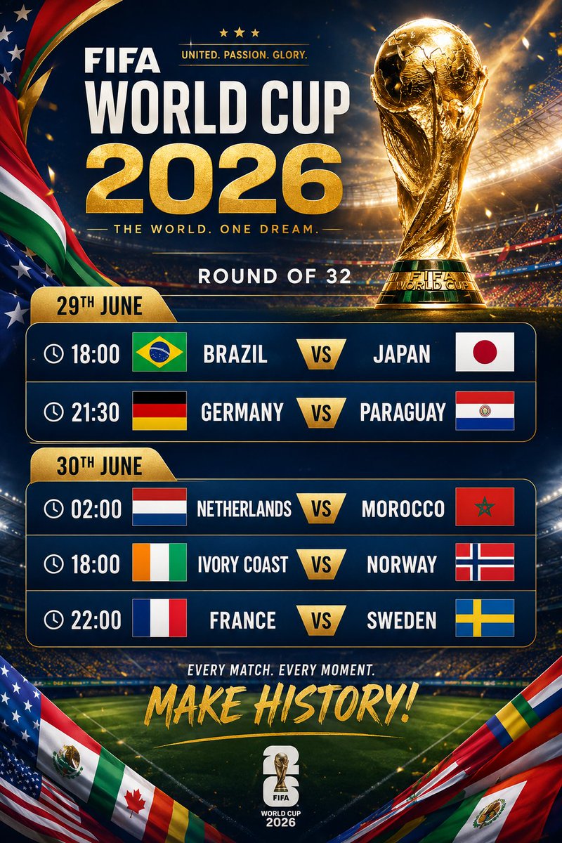 SadamSabiu's tweet photo. 🏆 FIFA World Cup 2026 – Round of 32 🔥
Big matches. Big dreams. One champion. 🌍⚽
Who are you backing to win it all? 👇
#FIFAWorldCup2026 #WorldCup2026 #MatchDay #Football #Soccer #RoadToGlory #KnockoutStage #Goal #Viral #Trending https://t.co/w0nnaqGvfk