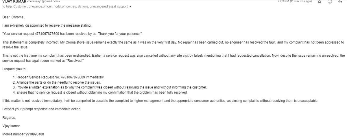 herevijay1's tweet photo. @cromaretail @cromaretail, @CromaSupport, @_WiseRoy_ , @jagograhakjago  Dear Croma team, I am extremely disappointed to say that My Croma stove issue remains exactly the same as it was on the very first day. No repair has been carried out and again complaint is closed as earliear. https://t.co/RA4MSZ9BBV