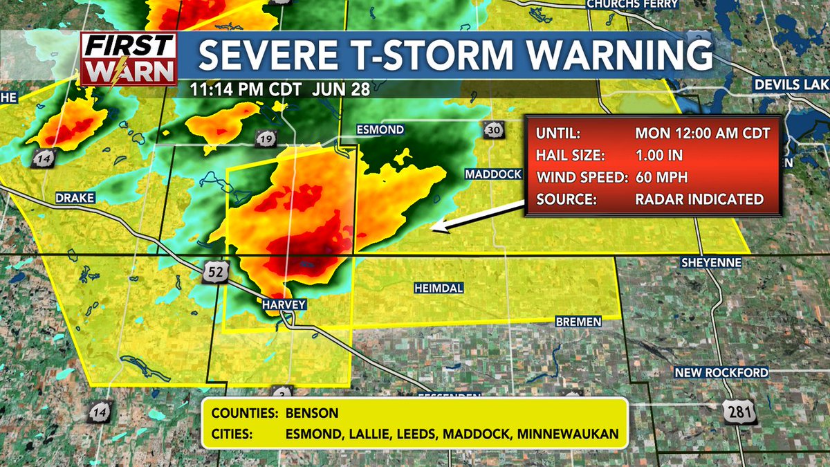 KevinsCorner's tweet photo. FirstWarn Alert:  Severe Thunderstorm Warning for portions of Wells, Pierce county until Jun 29 12:15AM CDT by NWS.  Full details on the FirstWarn weather app.  Stay Weather Aware! #FirstWarn  #ndwx https://t.co/kwr6TSqpeP