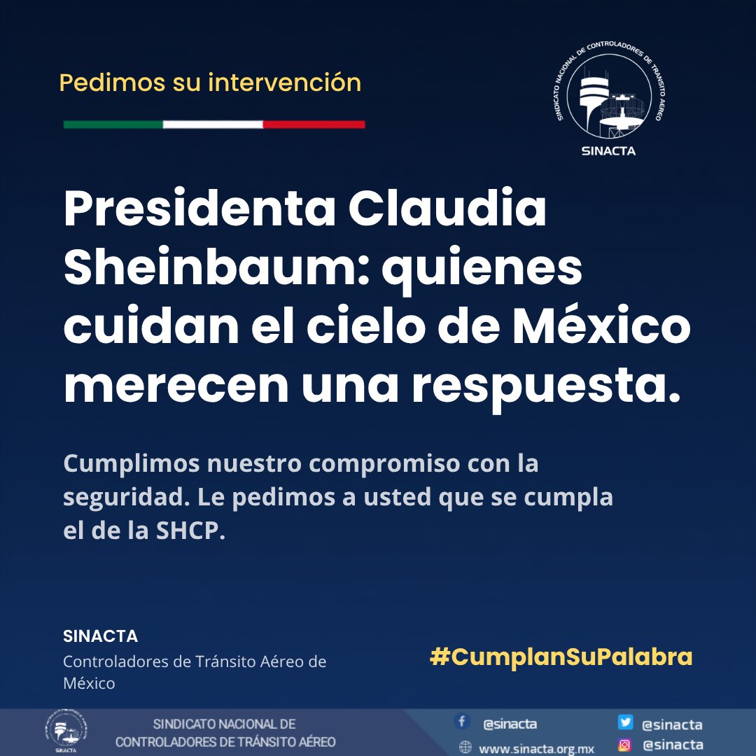 SINACTA's tweet photo. Presidenta @Claudiashein: quienes cuidan el cielo de México merecen una respuesta.

La SHCP pidió junio para responder por las afectaciones a nuestro sueldo. Junio terminó. Nosotros cumplimos: la operación siguió segura.

Seguridad sin austeridad 

#CieloSeguroMéxico 
#ctamexico https://t.co/7KQF1igdv4