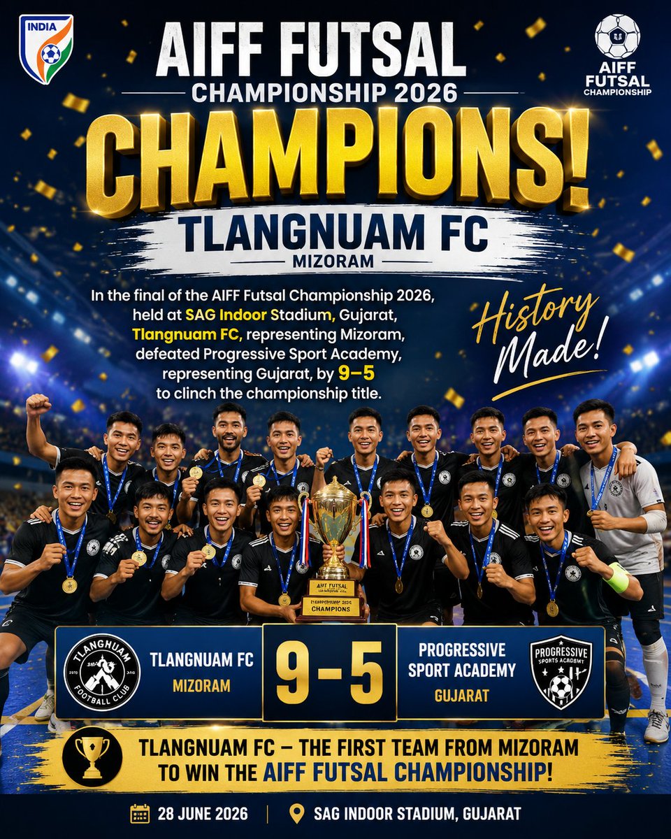 chhungti90647's tweet photo. 🏆 History for Mizoram!
Tlangnuam FC are the #AIFF Futsal Championship 2026
winners after defeating Progressive Sport Academy
(Gujarat) 9–5 in the final at the SAG Indoor Stadium.
#AIFFFutsal #Futsa #TlangnuamFC #IndianFootball #championsnosbt https://t.co/bza3rv25pA