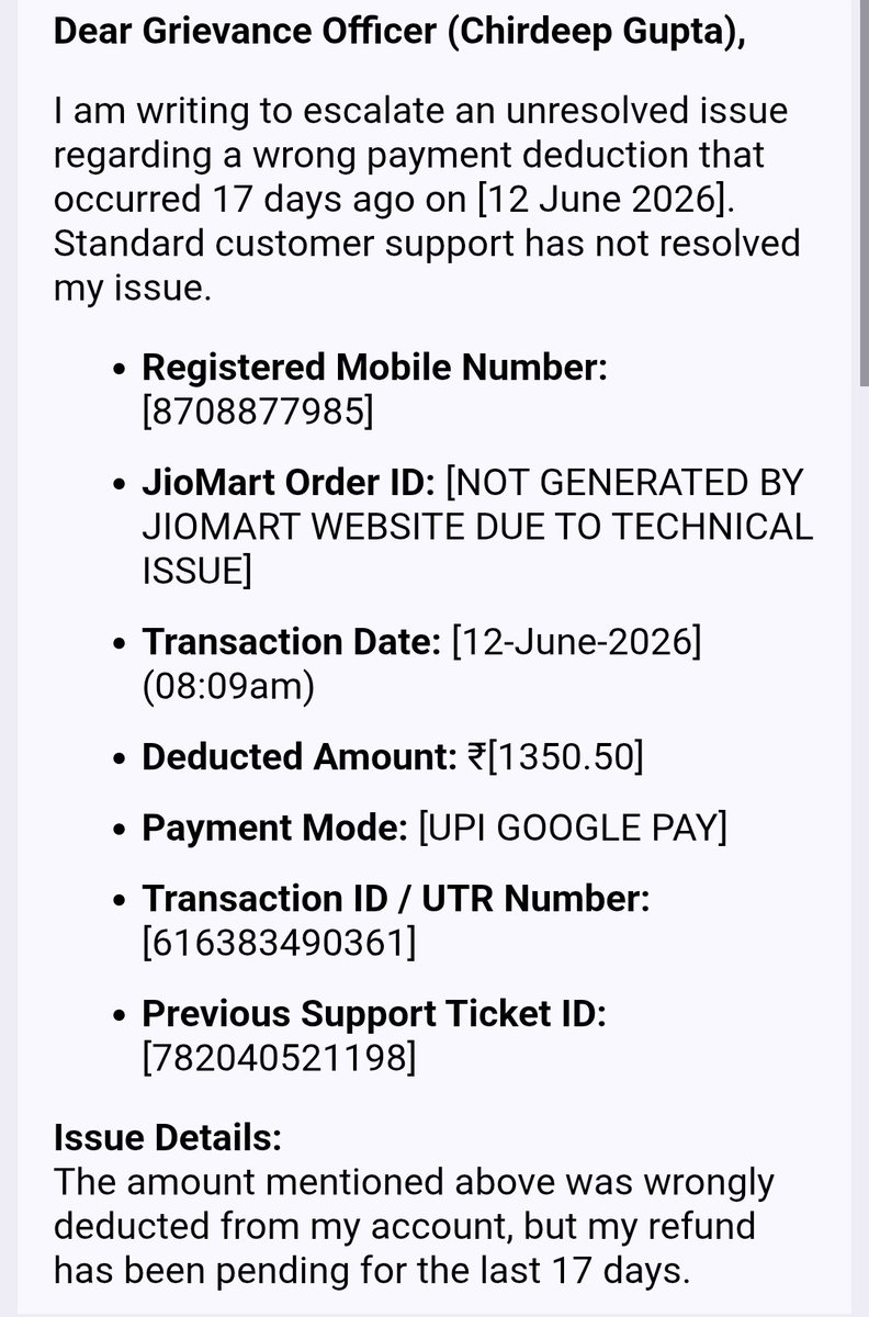 DDGULATI's tweet photo. @JioMart_Support @JioMart As per RBI guidelines, I request you to process this refund immediately into my original source account. I have attached the bank statement screenshot proving the deduction.
No proper call/acceptable response received yet ONLY saying WAIT MORE WAIT more https://t.co/V4id0QGfKj