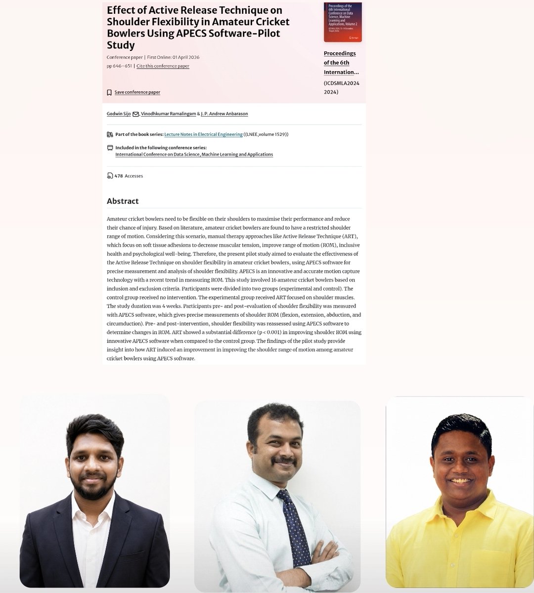 Scpt_official's tweet photo. Saveetha College of Physiotherapy proudly congratulates Dr. Vinodhkumar Ramalingam (PT) and his postgraduate student, Dr. Godwin Sijo (PT), from the Department of Sports Sciences on their notable academic achievement.

#SCPT  #SportsSciences #SportsRehabilitation  #SDG3 #SDG4 https://t.co/rLX4kTEwX2
