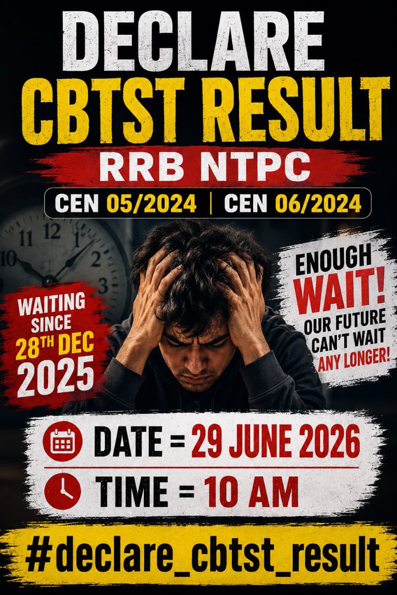 Railway_Talks's tweet photo. Thousands of aspirants who appeared for the RRB NTPC 2024 Computer Based Typing Skill Test (CBTST) are still waiting for their results. The delay is causing immense anxiety and halting our career progression. We request the officials to fast-track the process and release the results immediately!

Please hear our voice.
👇
#declare_cbtst_result
@railminIndia
@ashwiniVaishnaw