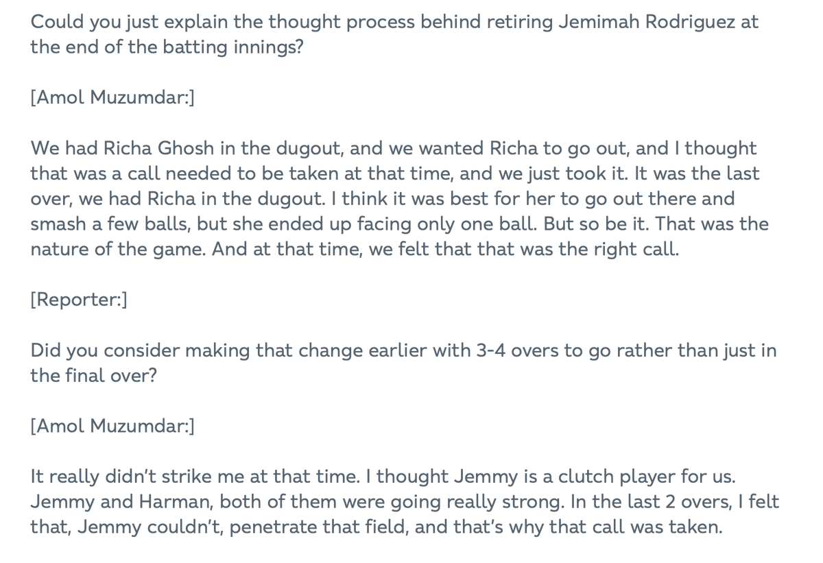 vinayakkm's tweet photo. "It really didn't strike me at that time" 

Coach Amol Muzumdar on whether Jemimah Rodrigues could have been retired out earlier than the start of the 20th over. 

(✍️ Replug for piece from last night) 
https://t.co/iPtxBggp1V https://t.co/recEHdwIbO