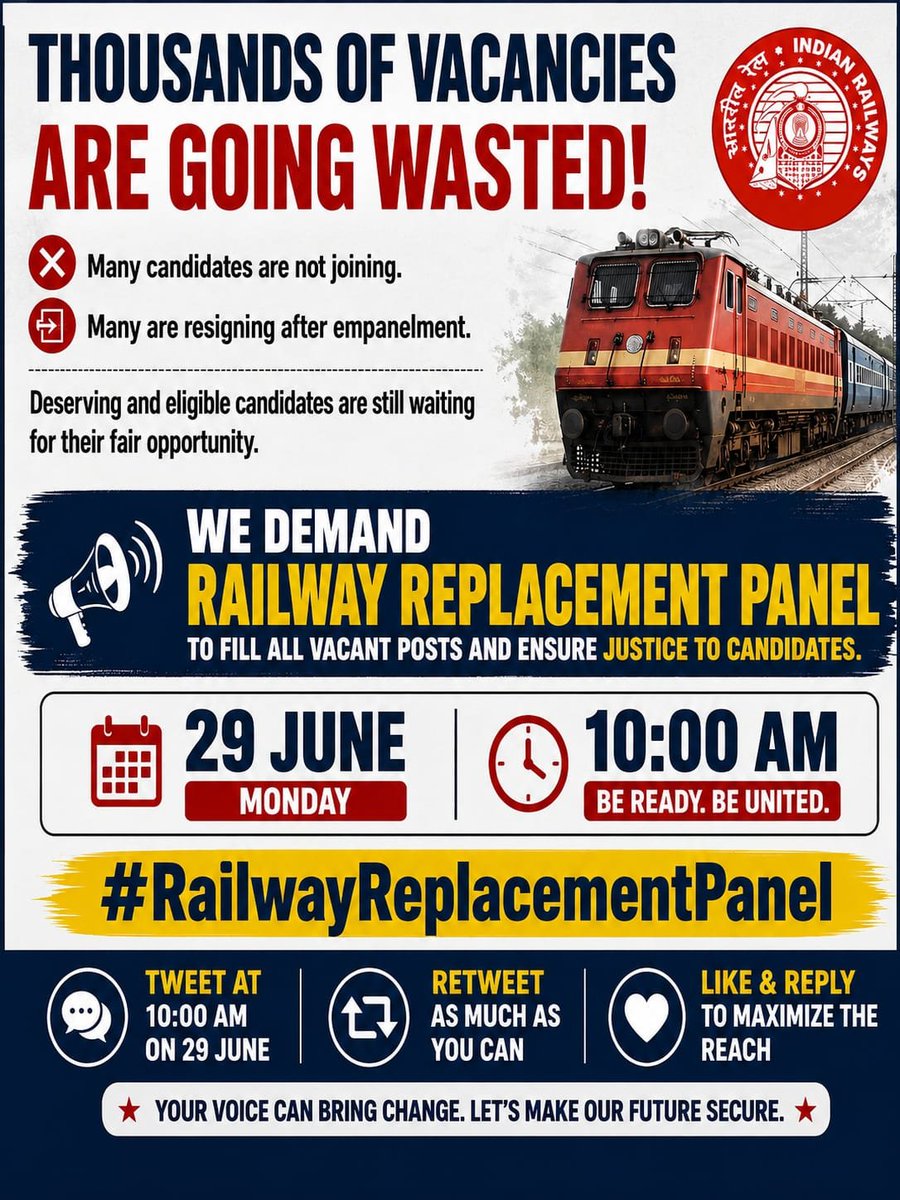iamraj658's tweet photo. @RailMinIndia @AshwiniVaishnaw @abhinaymaths @khan__sir_patna @RYPofficial Railway_Replacement_Panel क्यों जरूरी है? 
 NTPC, ALP ,JE और Technician में कॉमन कैंडिडेट्स के कारण हजारों सीटें 'Non-Joining' की वजह से खाली रह जाती हैं। #RailwayReplacementPanel 
@RailMinIndia
@AshwiniVaishnaw @abhinaymaths @khan__sir_patna @RYPofficial https://t.co/QL4BhXQNNV