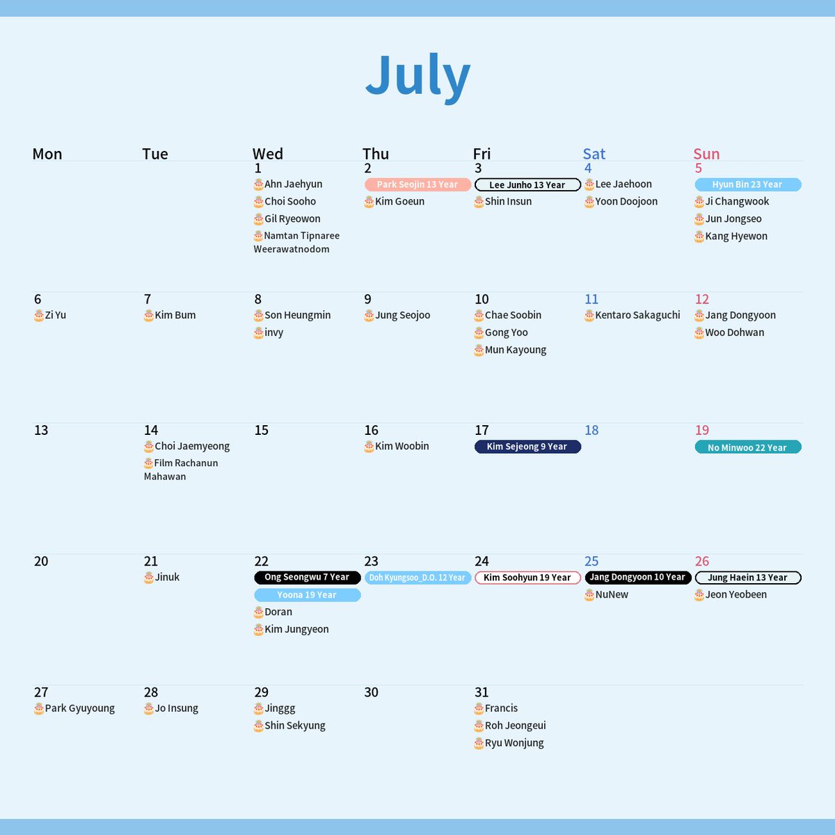 MyloveactorEn's tweet photo. [🗓️] #CHOEAEDOLCeleb July '26 anniversary calendar ✨

🎂 Birthdays
#JungSeojoo #JiChangwook #RohJeongeui #Jinuk #FilmRachanunMahawan …💬

🎉 Debuts
#KimSoohyun #ParkSeojin #JungHaein …💬

📅 Track your star on CHOEAEDOL Celeb 🔽
▶️ https://t.co/YjCdSOTCl7 https://t.co/vMYBeUlfEW