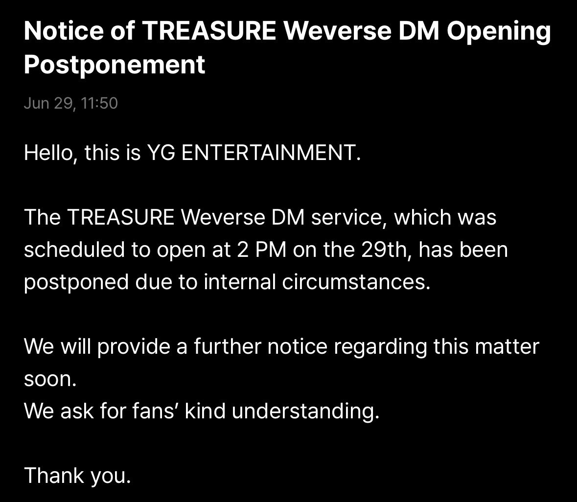 bydaekids's tweet photo. หืม วายจีประกาศว่า weverse dm ของเทรเชอร์ที่ตอนแรกจะเปิดเที่ยงนี้ ถูกเลื่อนออกไปเนื่องจากสถานการณ์ภายใน เกิดไลขึ้นคะ https://t.co/Cdm1x2R2ZH