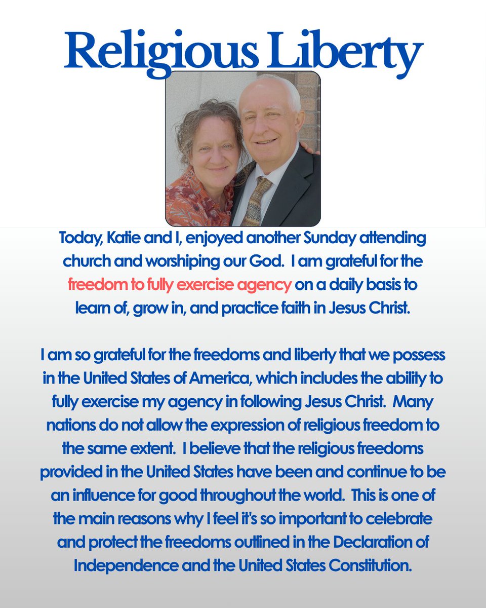 EricPete85's tweet photo. Religious Liberty - Today, Katie and I, enjoyed another Sunday attending church and worshiping our God.  I am grateful for the freedom to fully exercise agency on a daily basis to learn of, grow in, and practice faith in Jesus Christ. https://t.co/krzF7tCw1w
