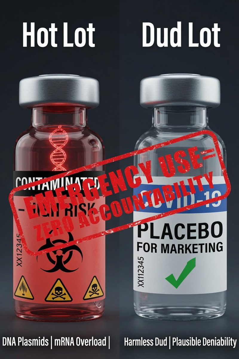 VacSafety's tweet photo. Some COVID shots were weapons. Others were placebos for cover.  

Some COVID “vaccine” batches were packed with DNA plasmids, mRNA overload, and contaminants causing deadly reactions and diseases to develop. Other batches? Harmless duds designed to create plausible deniability. They needed “success stories” to sell the shots. 

Batch after batch, outcomes varied wildly. Hot lots drove the injuries and deaths. The “safe” ones let people claim “I got it and I’m fine.”

This wasn’t manufacturing “oops.” It was a feature of a product rushed under emergency powers with zero real accountability.

#VaccineSafety #BatchVariability