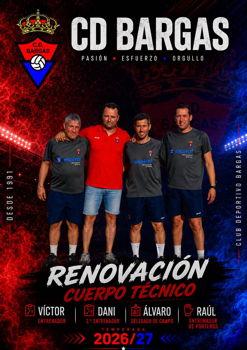 CDbargasoficial's tweet photo. 🔴🔵 RENOVACIÓN DEL CUERPO TÉCNICO | TEMPORADA 2026/27

⚽ Víctor continuará como entrenador.
🤝 Dani seguirá como 2.º entrenador.
📋 Álvaro continuará como delegado de campo.
🧤 Raúl seguirá como entrenador de porteros.

#VamosBargas https://t.co/9tQrvdMx4K
