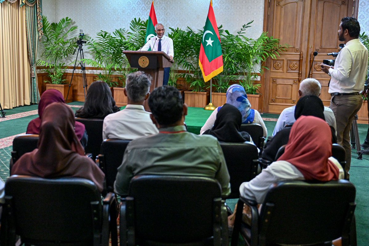 presidencymv's tweet photo. President Dr @MMuizzu convenes the eighth press briefing of the year, continuing regular dialogue with the media on key Government policies and national priorities. https://t.co/iA3hCxoxEE