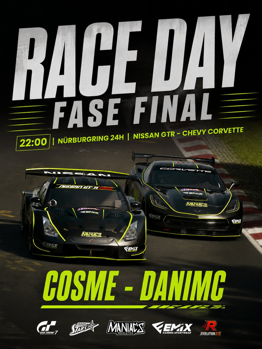 Maniacs_eSports's tweet photo. 🟢𝑹-𝑬𝑽𝑶𝑳𝑼𝑻𝑰𝑶𝑵 𝟐🟢
Inicio de la fase final de la #REvolution2 de @REVOOLUTIION en Nürburgring con el tandem #DaniMC-#Cosme. El directo lo podréis seguir por el TTV de @SaferCaster.
¡Vamos Cosme y Dani! 💪 https://t.co/9VAMedOKzc